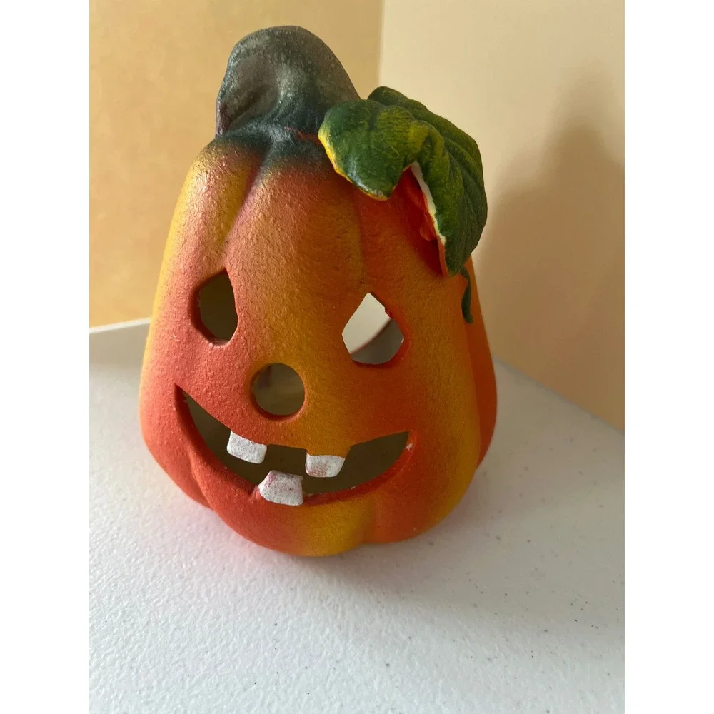 Handcraft Ceramic Pumpkin Jack-O-Lantern Tea Light Candle Holder Halloween Decor